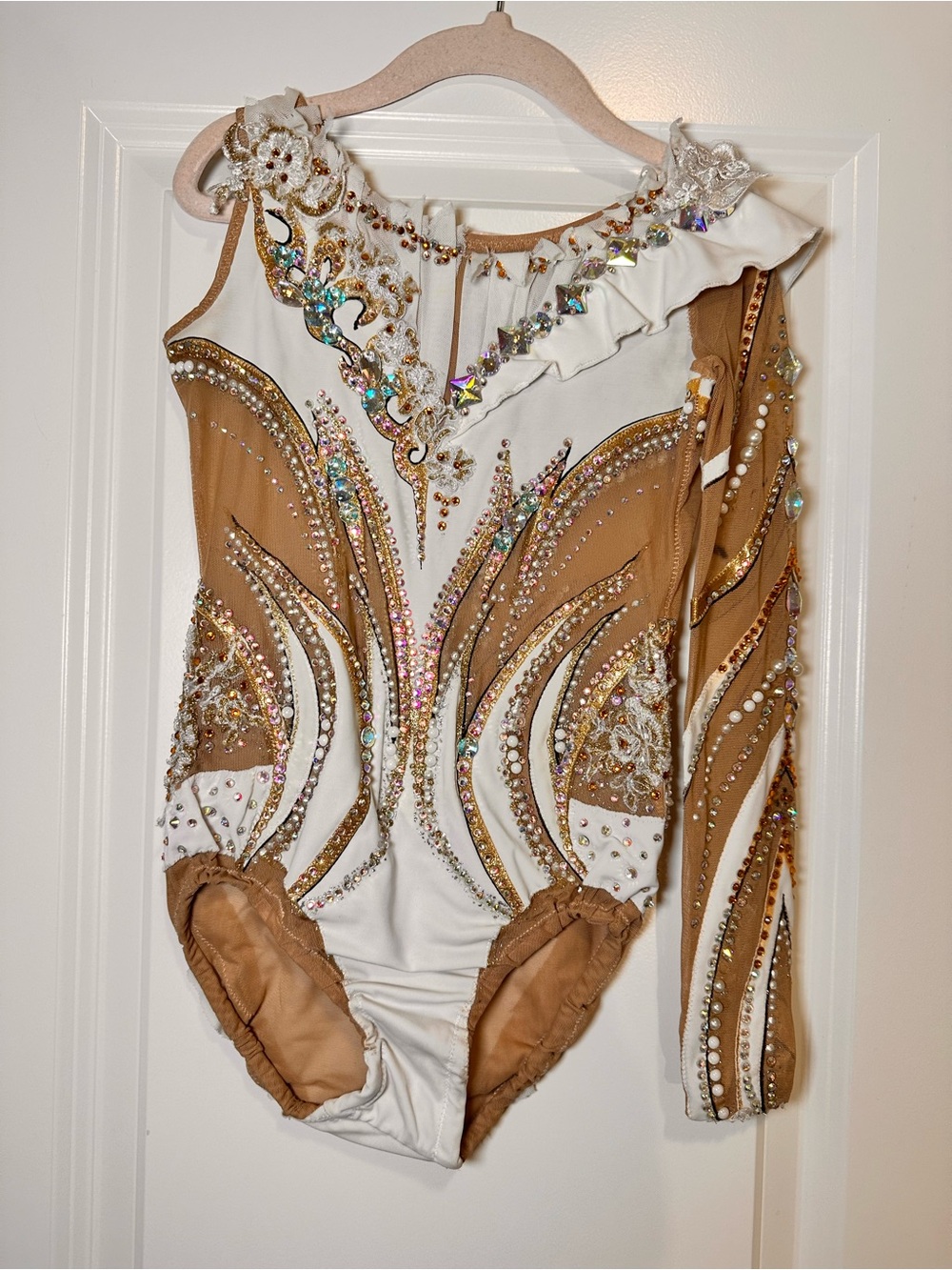 Girls White and Gold Rhinestone One-Piece Performance Bodysuit